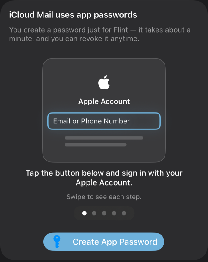 Flint's guided iCloud setup with illustrated steps