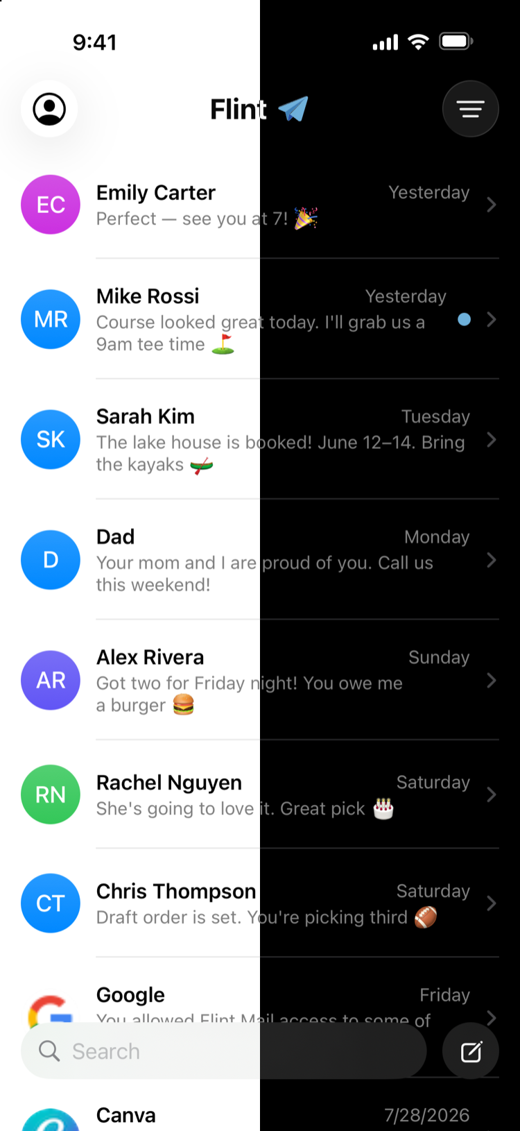 Flint's chat list, half in light mode and half in dark mode